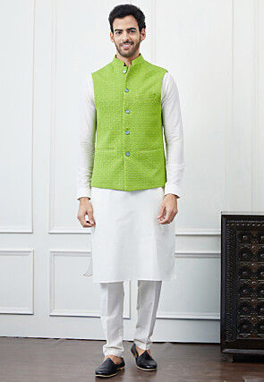Embroidered Pure Cotton Nehru Jacket in Light Green