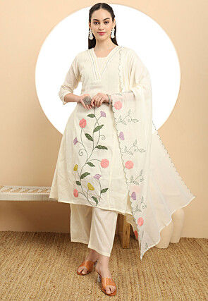 Embroidered Pure Cotton Pakistani Suit in Cream