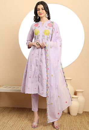 Embroidered Pure Cotton Pakistani Suit in Light Purple