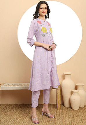 Embroidered Pure Cotton Pakistani Suit in Light Purple