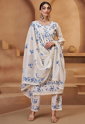 Embroidered Pure Cotton Pakistani Suit in Off White