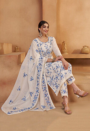 Embroidered Pure Cotton Pakistani Suit in Off White