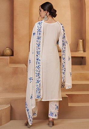 Embroidered Pure Cotton Pakistani Suit in Off White