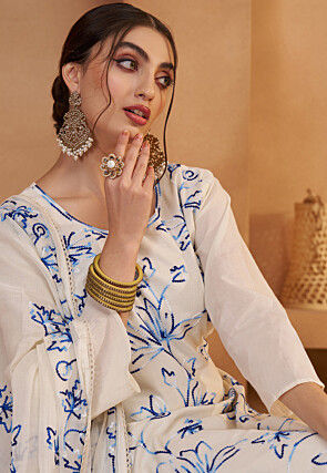 Embroidered Pure Cotton Pakistani Suit in Off White