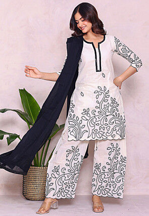 Embroidered Pure Cotton Pakistani Suit in Off White