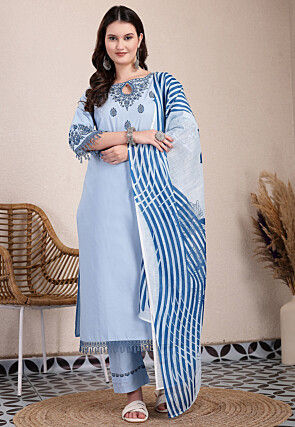 Embroidered Pure Cotton Pakistani Suit in Sky Blue
