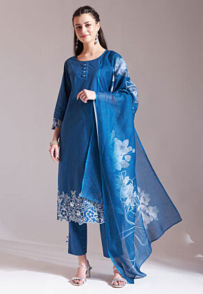 Embroidered Pure Cotton Pakistani Suit in Teal Blue