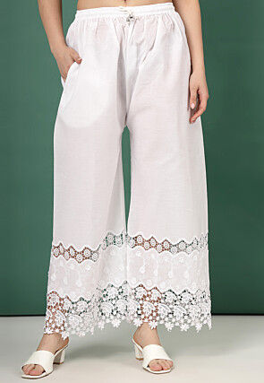 Embroidered Pure Cotton Palazzo in White
