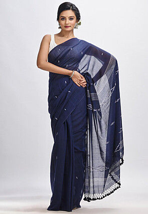 Embroidered Pure Cotton Saree in Navy Blue