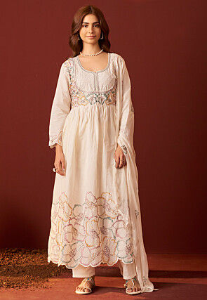 Embroidered Pure Cotton Scalloped A Line Suit in Off White
