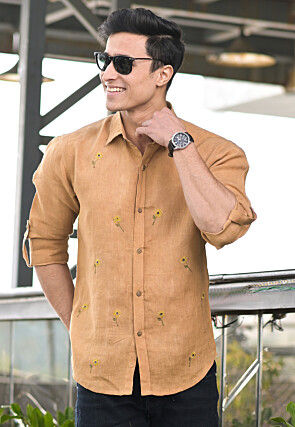 Embroidered Pure Cotton Shirt in Light Brown