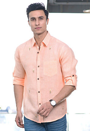 Embroidered Pure Cotton Shirt in Peach