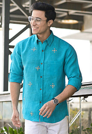 Embroidered Pure Cotton Shirt in Teal Blue