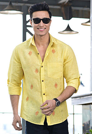 Embroidered Pure Cotton Shirt in Yellow