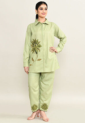 Embroidered Pure Cotton Shirt Set in Light Green