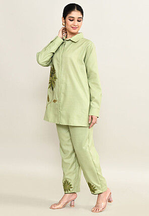 Embroidered Pure Cotton Shirt Set in Light Green