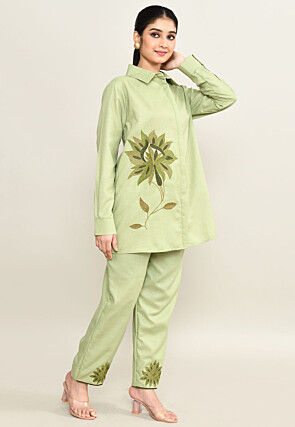 Embroidered Pure Cotton Shirt Set in Light Green