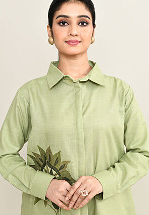 Embroidered Pure Cotton Shirt Set in Light Green