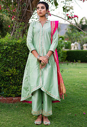 Embroidered Pure Cotton Silk A Line Suit in Light Green