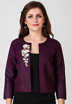 Embroidered Pure Cotton Silk Jacket in Violet