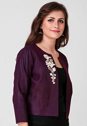 Embroidered Pure Cotton Silk Jacket in Violet