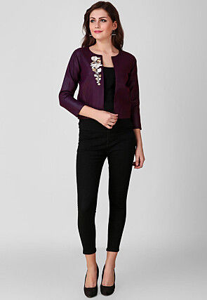 Embroidered Pure Cotton Silk Jacket in Violet