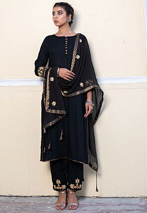 Embroidered Pure Cotton Silk Pakistani Suit in Black