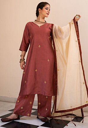 Embroidered Pure Cotton Silk Pakistani Suit in Old Rose