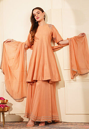 Hand Embroidered Pure Cotton Silk Pakistani Suit in Peach
