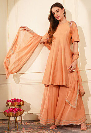 Hand Embroidered Pure Cotton Silk Pakistani Suit in Peach