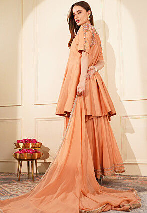 Hand Embroidered Pure Cotton Silk Pakistani Suit in Peach
