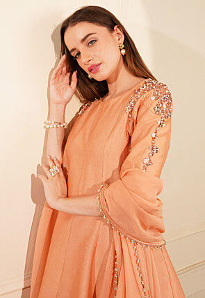 Hand Embroidered Pure Cotton Silk Pakistani Suit in Peach