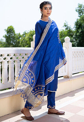 Embroidered Pure Cotton Silk Pakistani Suit in Royal Blue