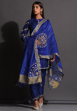 Embroidered Pure Cotton Silk Pakistani Suit in Royal Blue