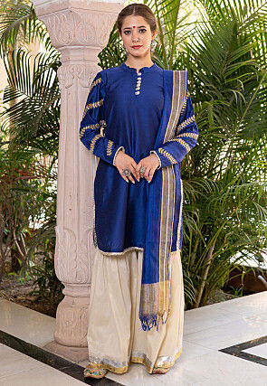 Embroidered Pure Cotton Silk Pakistani Suit in Royal Blue