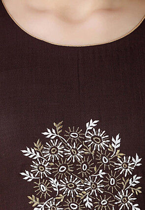 Embroidered Pure Cotton Silk Short Kurti in Dark Brown
