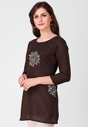 Embroidered Pure Cotton Silk Short Kurti in Dark Brown