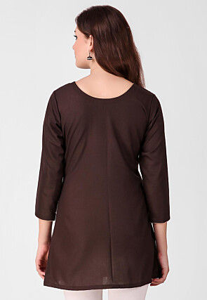 Embroidered Pure Cotton Silk Short Kurti in Dark Brown