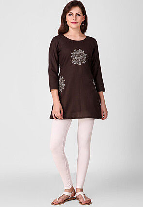 Embroidered Pure Cotton Silk Short Kurti in Dark Brown