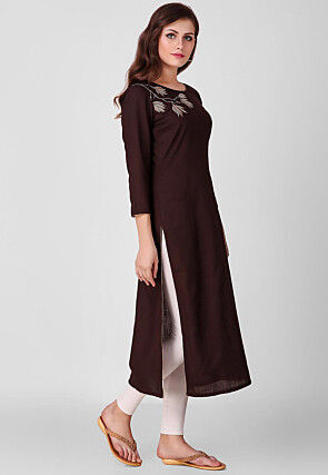 Embroidered Pure Cotton Straight Kurta in Dark Brown