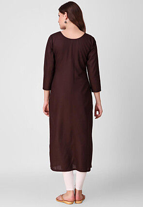 Embroidered Pure Cotton Straight Kurta in Dark Brown