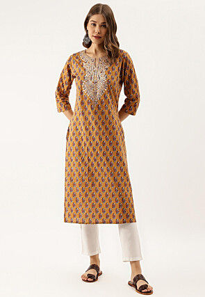 Embroidered Pure Cotton Straight Kurta in Mustard