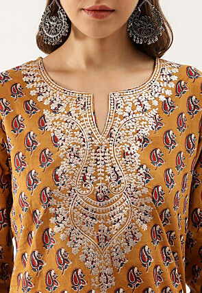 Embroidered Pure Cotton Straight Kurta in Mustard