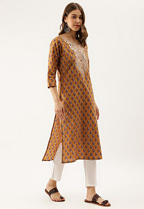 Embroidered Pure Cotton Straight Kurta in Mustard
