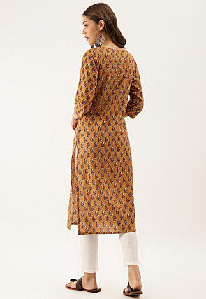 Embroidered Pure Cotton Straight Kurta in Mustard