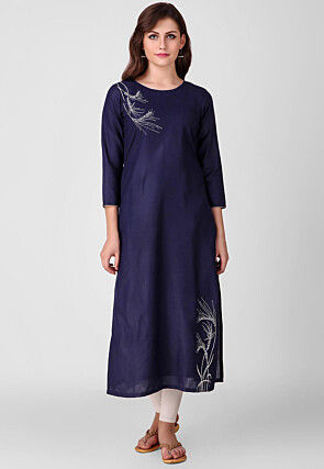 Embroidered Pure Cotton Straight Kurta in Navy Blue