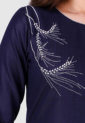 Embroidered Pure Cotton Straight Kurta in Navy Blue