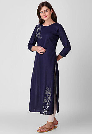 Embroidered Pure Cotton Straight Kurta in Navy Blue