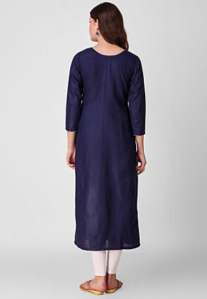 Embroidered Pure Cotton Straight Kurta in Navy Blue
