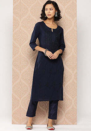 Embroidered Pure Cotton Straight Kurta in Navy Blue